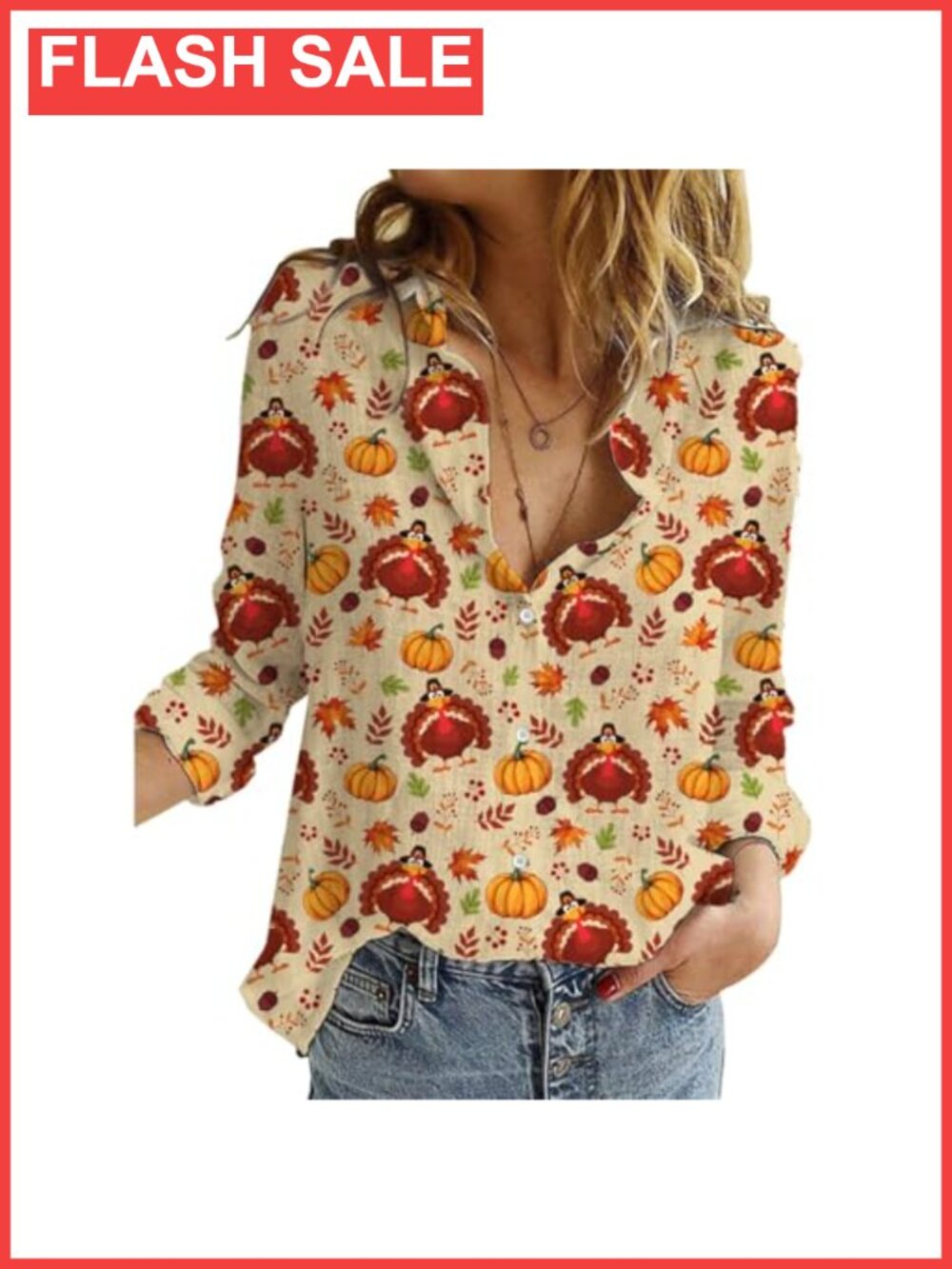Women's V Neck Long Sleeve Button Down Blouse Thanksgiving Turkey Print
